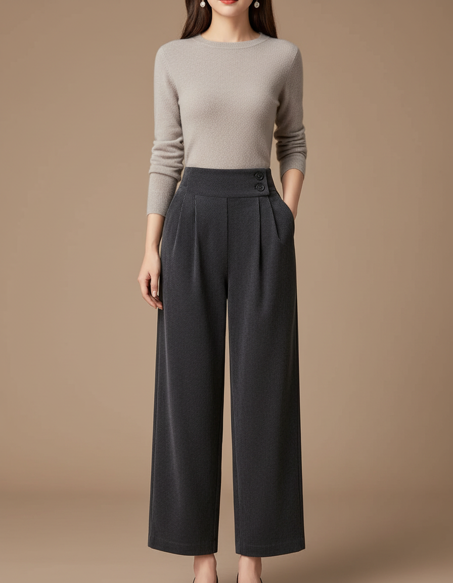 Pantalon À Pince Gris Plissé Ample Taille Haute - Cordé