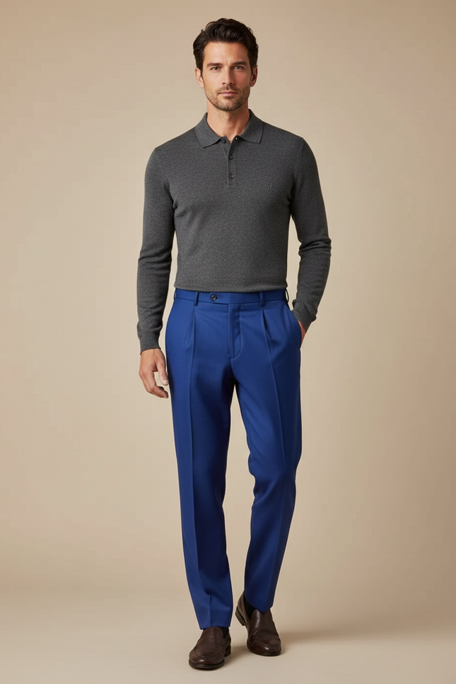 Pantalon À Pince Bleu Vif Droit Plissé Homme Élégant - Gabardine