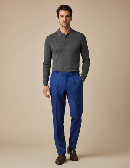 Pantalon À Pince Bleu Vif Droit Plissé Homme Élégant - Gabardine