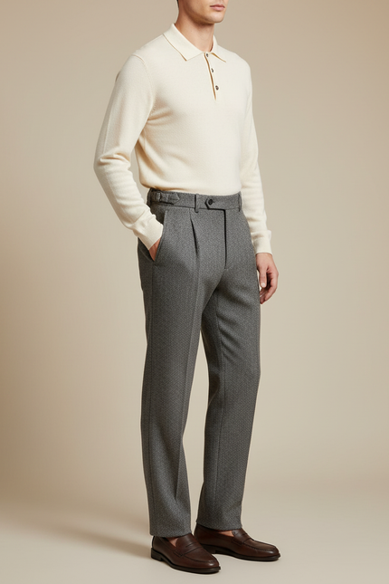 Pantalon À Pince Gris Laine Plissé Droit Élégant Homme