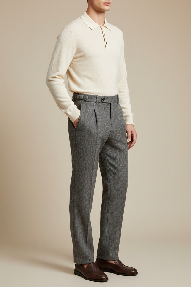 Pantalon À Pince Gris Laine Plissé Droit Élégant Homme