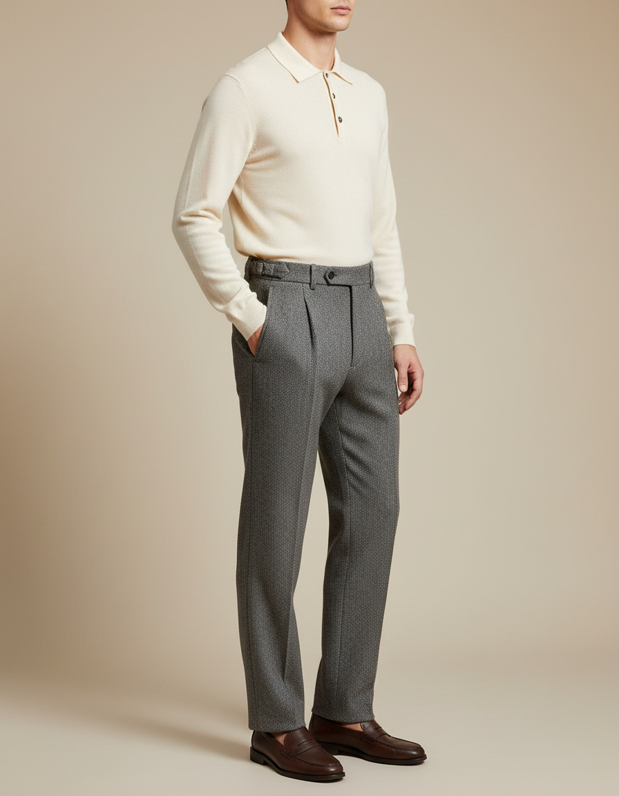 Pantalon À Pince Gris Laine Plissé Droit Élégant Homme