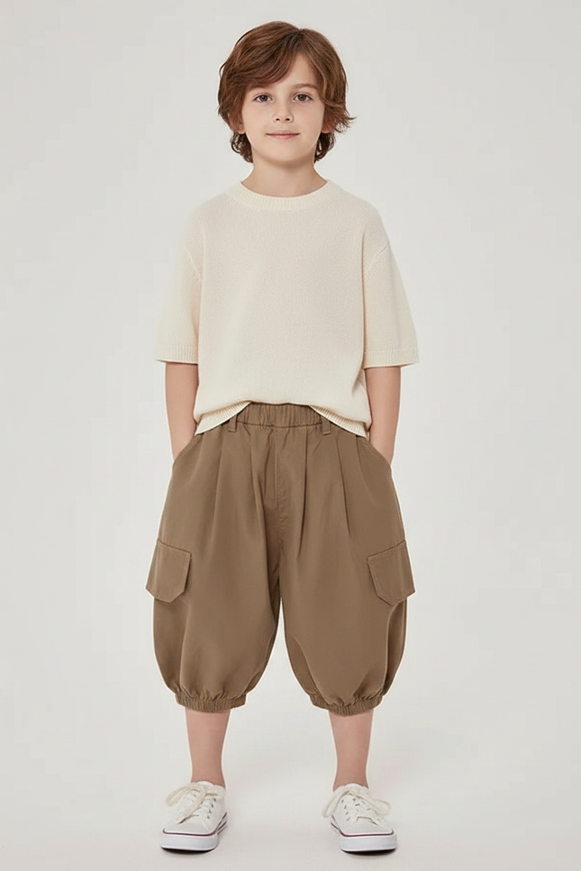 Pantalon À Pince Cargo Marron Ample Coton Enfant - Kaki