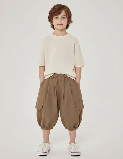 Pantalon À Pince Cargo Marron Ample Coton Enfant - Kaki