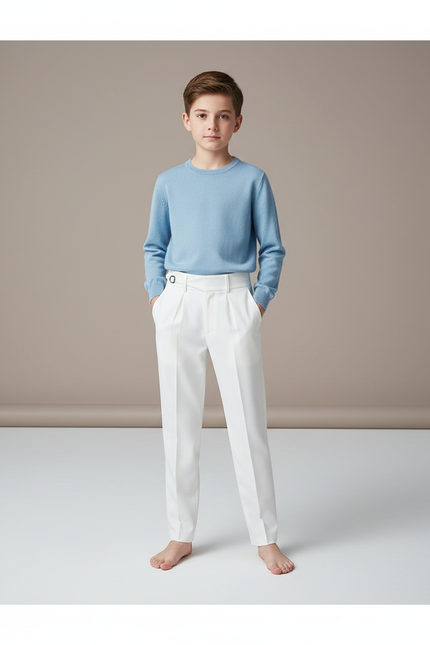 Pantalon À Pince Blanc Plissé Élégant Garçon - Gabardine