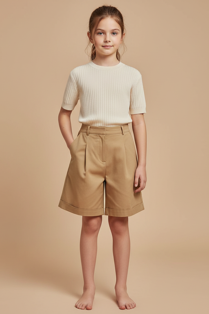 Pantalon À Pince Beige Plissé Droit Court Enfant - Gabardine