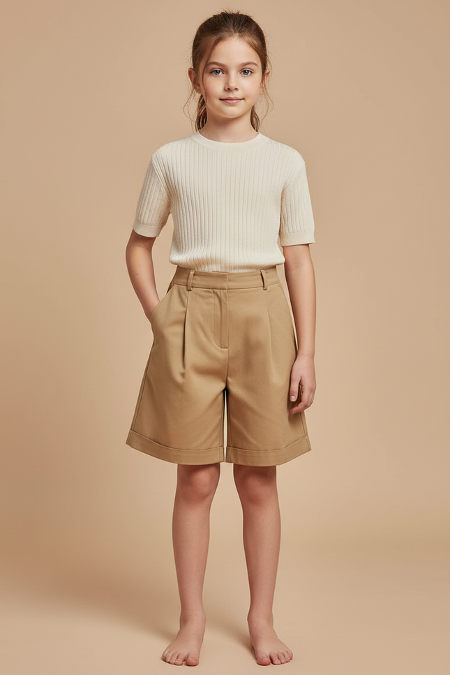 Pantalon À Pince Beige Plissé Droit Court Enfant - Gabardine