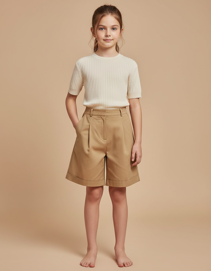 Pantalon À Pince Beige Plissé Droit Court Enfant - Gabardine