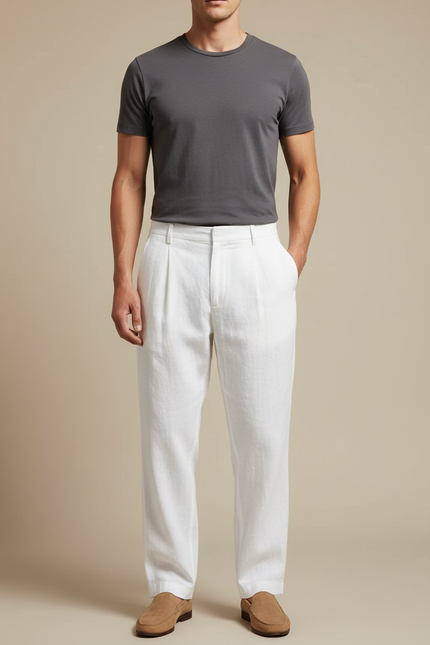 Pantalon À Pince Blanc Lin Droit Décontracté Homme