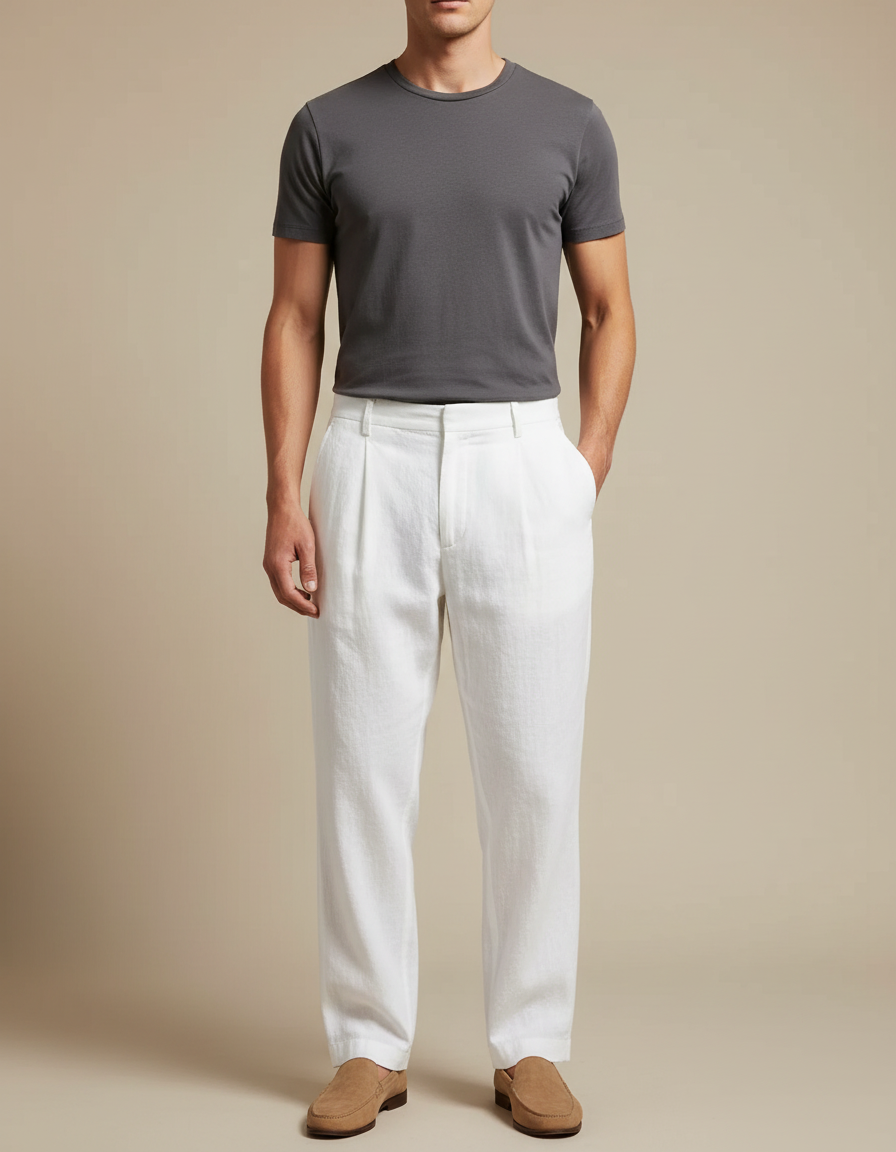 Pantalon À Pince Blanc Lin Droit Décontracté Homme