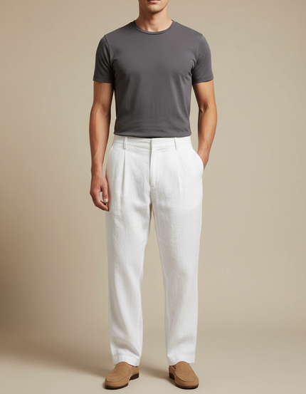 Pantalon À Pince Blanc Lin Droit Décontracté Homme