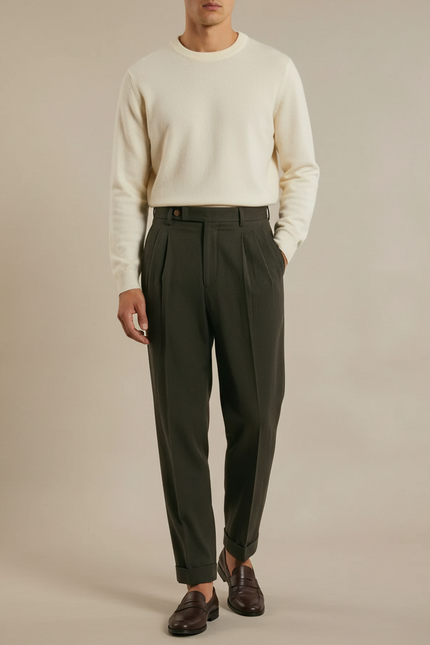 Pantalon À Pince Vert Foncé Plissé Ample Homme Élégant - Gabardine