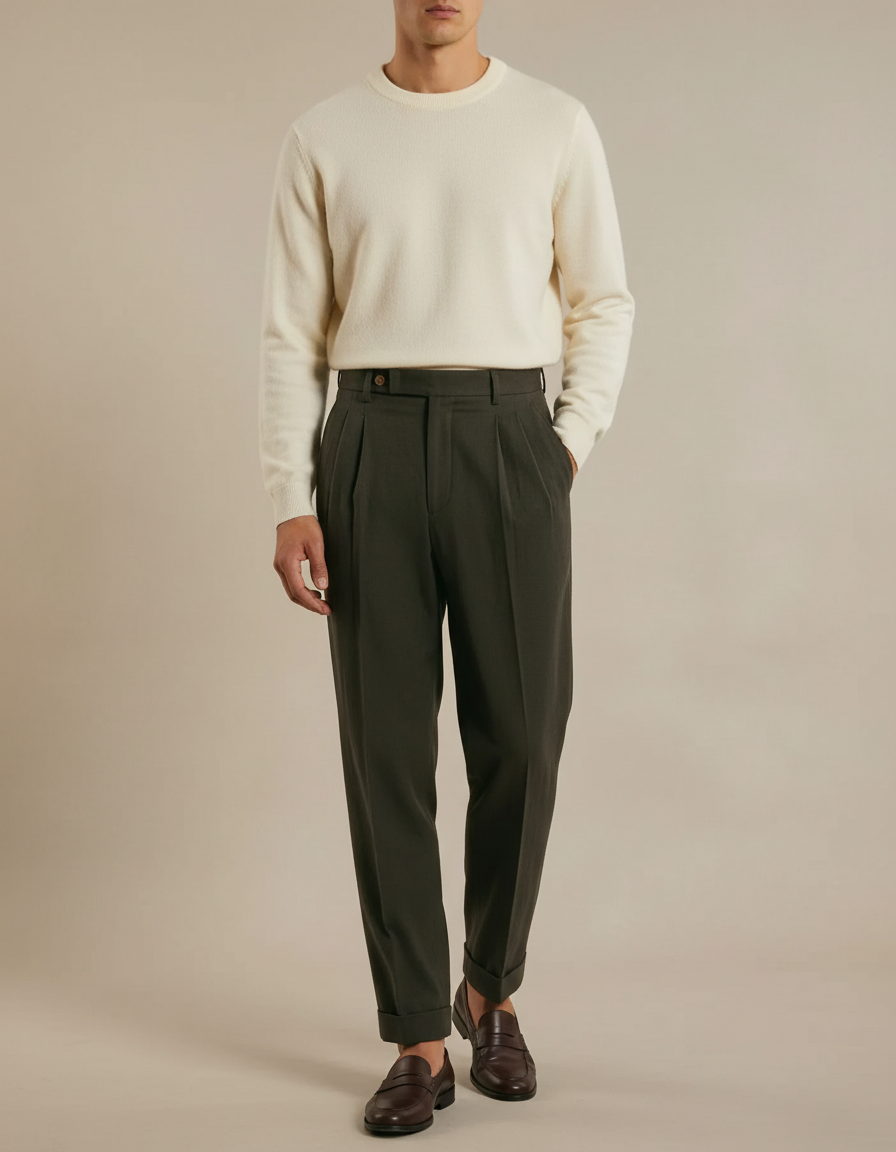 Pantalon À Pince Vert Foncé Plissé Ample Homme Élégant - Gabardine