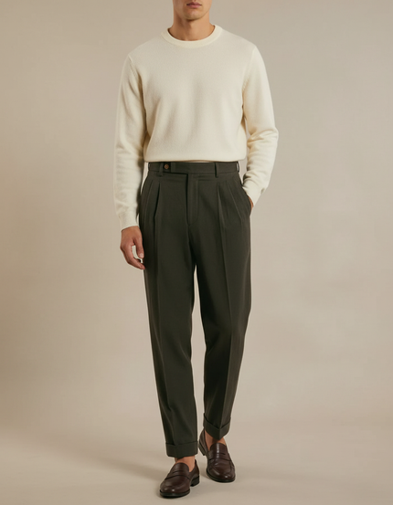 Pantalon À Pince Vert Foncé Plissé Ample Homme Élégant - Gabardine