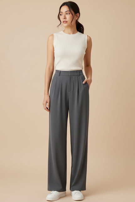 Pantalon À Pince Gris Ample Droit Fluide Élégant - Polyester