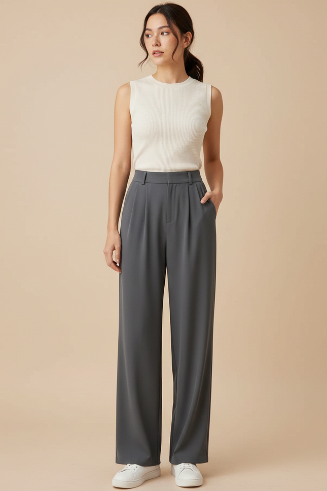 Pantalon À Pince Gris Ample Droit Fluide Élégant - Polyester