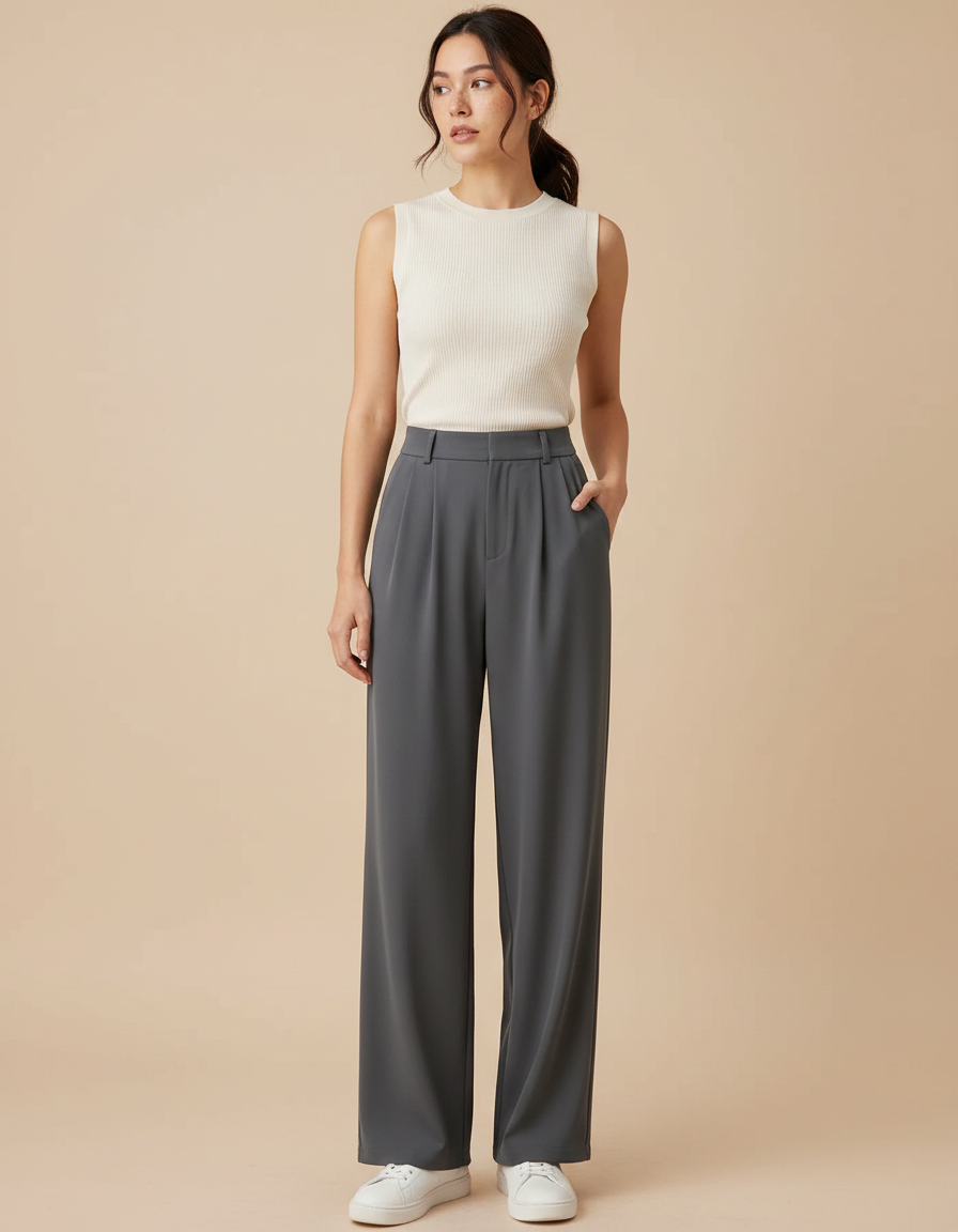 Pantalon À Pince Gris Ample Droit Fluide Élégant - Polyester