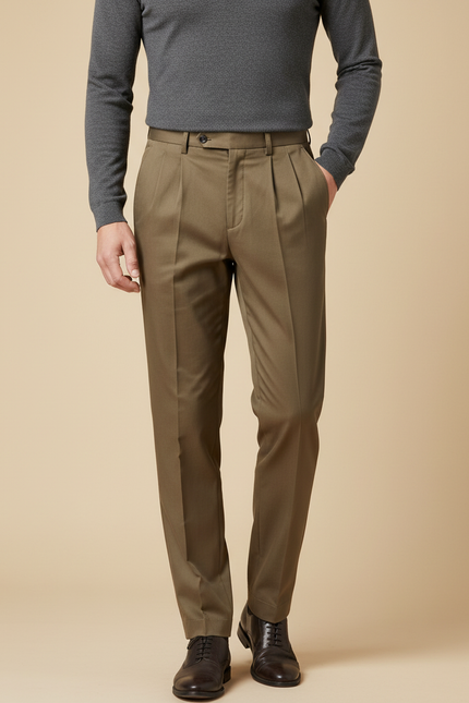 Pantalon À Pince Kaki Plissé Droit Élégant Coton Décontracté - Gabardine