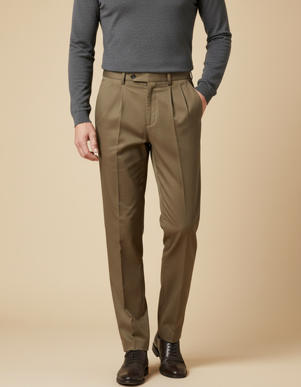 Pantalon À Pince Kaki Plissé Droit Élégant Coton Décontracté - Gabardine