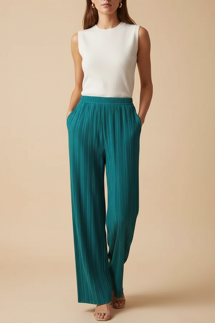 Pantalon À Pince Plissé Fluide Ample Vert Émeraude Élégant - Polyester