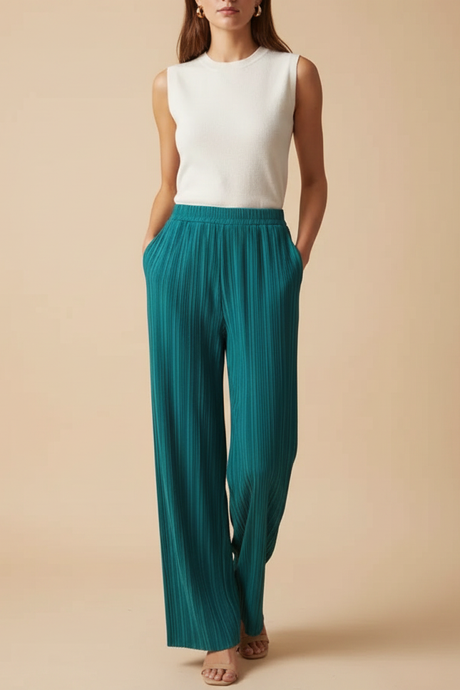 Pantalon À Pince Plissé Fluide Ample Vert Émeraude Élégant - Polyester