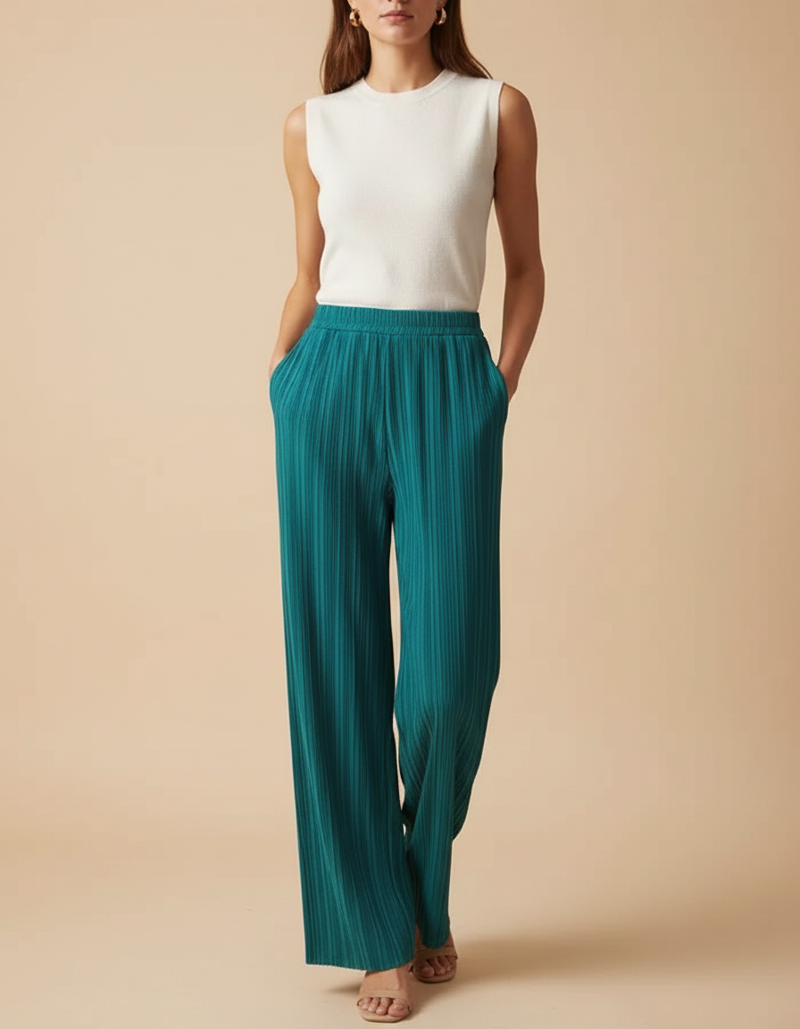 Pantalon À Pince Plissé Fluide Ample Vert Émeraude Élégant - Polyester