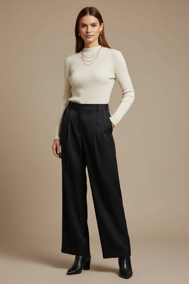 Pantalon À Pince Noir Fluide Plissé Élégant Femme - Satin