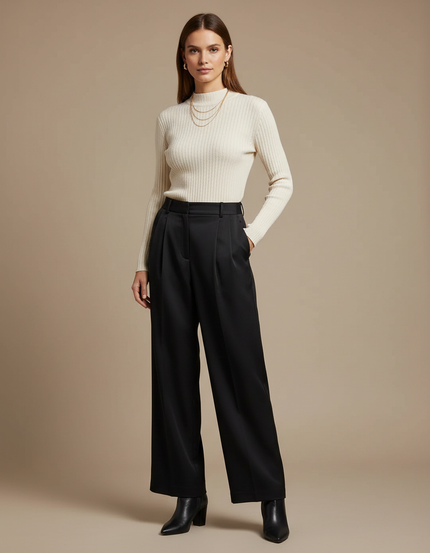 Pantalon À Pince Noir Fluide Plissé Élégant Femme - Satin