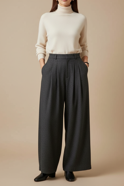 Pantalon À Pince Gris Ample Plissé Chic - Tweed