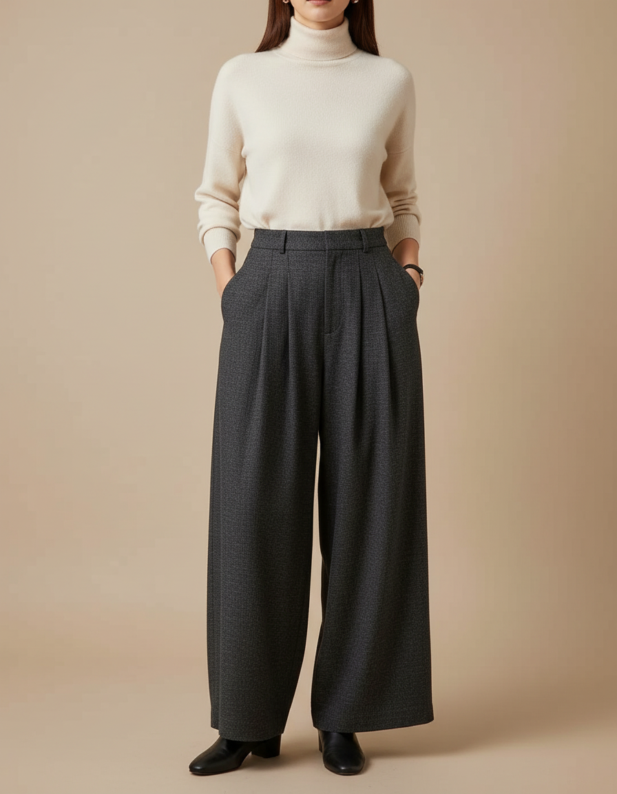 Pantalon À Pince Gris Ample Plissé Chic - Tweed