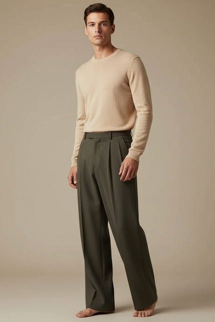 Pantalon À Pince Kaki Ample Droit Homme Élégant - Gabardine