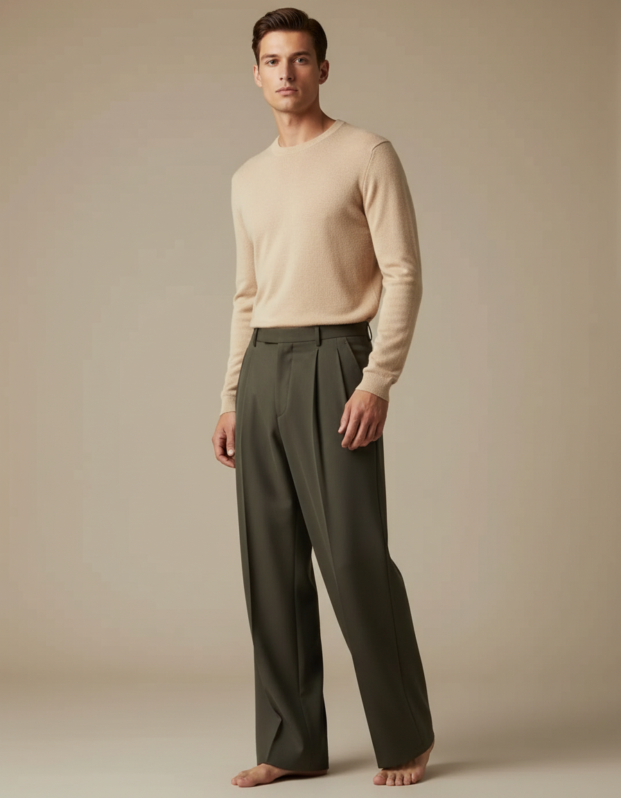 Pantalon À Pince Kaki Ample Droit Homme Élégant - Gabardine