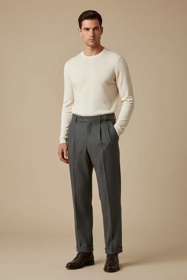 Pantalon À Pince Gris Anthracite Laine Plissé Homme Élégant