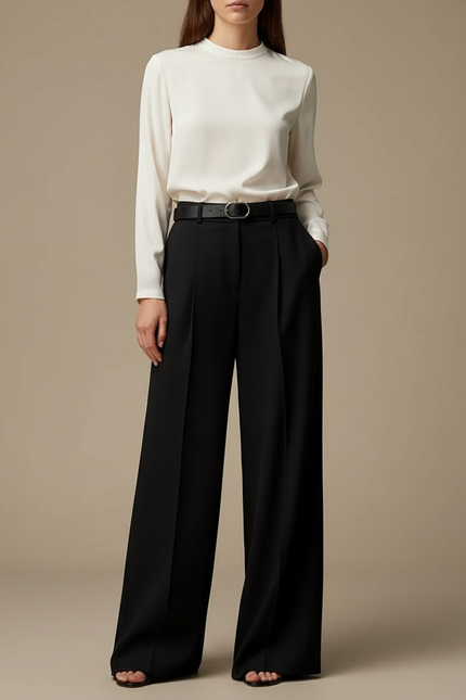 Pantalon À Pince Noir Droit Ample Élégant Ceinturé - Polyester
