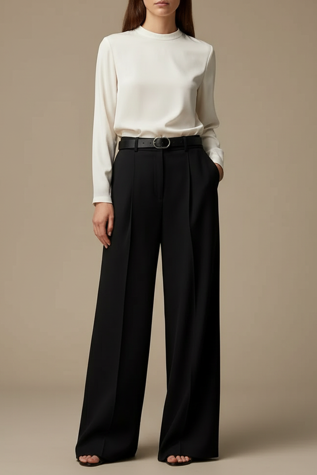 Pantalon À Pince Noir Droit Ample Élégant Ceinturé - Polyester