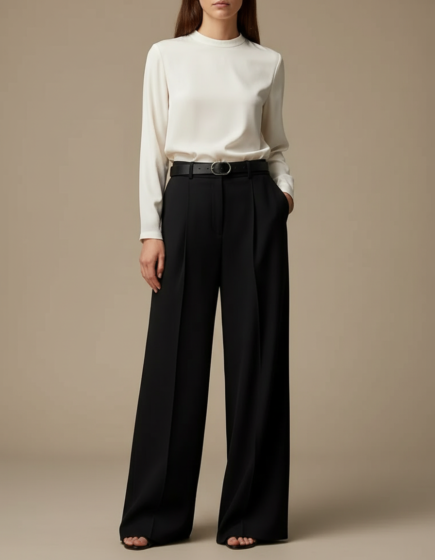 Pantalon À Pince Noir Droit Ample Élégant Ceinturé - Polyester