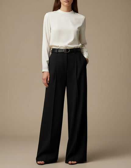 Pantalon À Pince Noir Droit Ample Élégant Ceinturé - Polyester