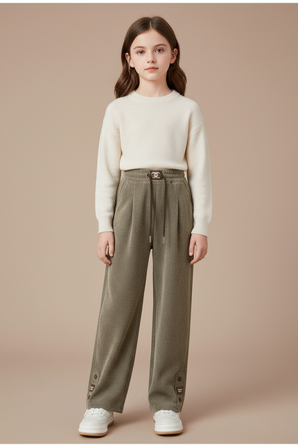Pantalon À Pince Kaki Plissé Ample Enfant Boutons - Molleton