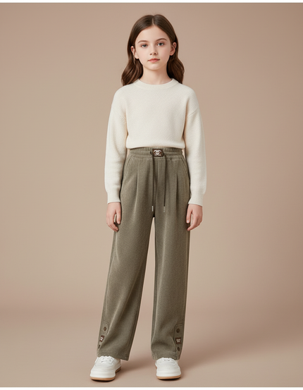 Pantalon À Pince Kaki Plissé Ample Enfant Boutons - Molleton