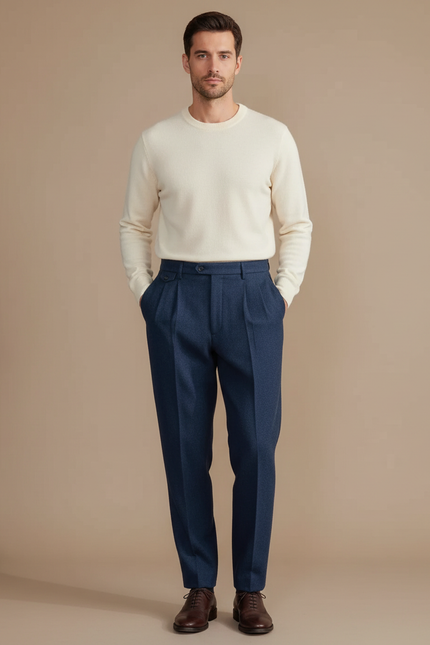 Pantalon À Pince Bleu Marine Laine Plissé Droit Homme - Tweed