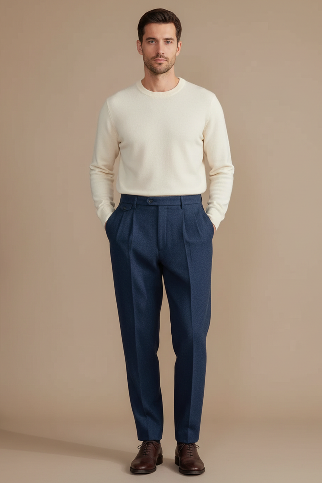 Pantalon À Pince Bleu Marine Laine Plissé Droit Homme - Tweed