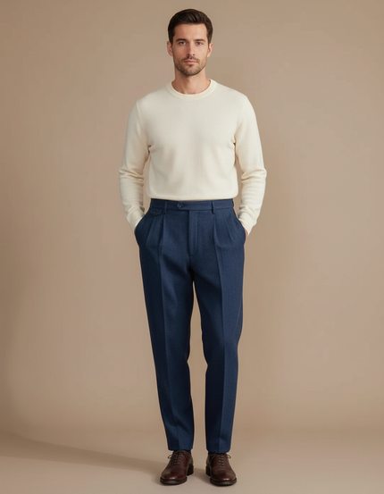 Pantalon À Pince Bleu Marine Laine Plissé Droit Homme - Tweed