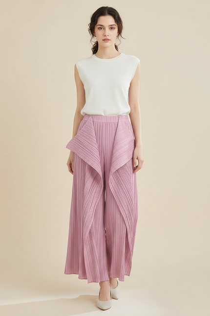 Pantalon À Pince Plissé Rose Irrégulier Ample Élégant - Polyester