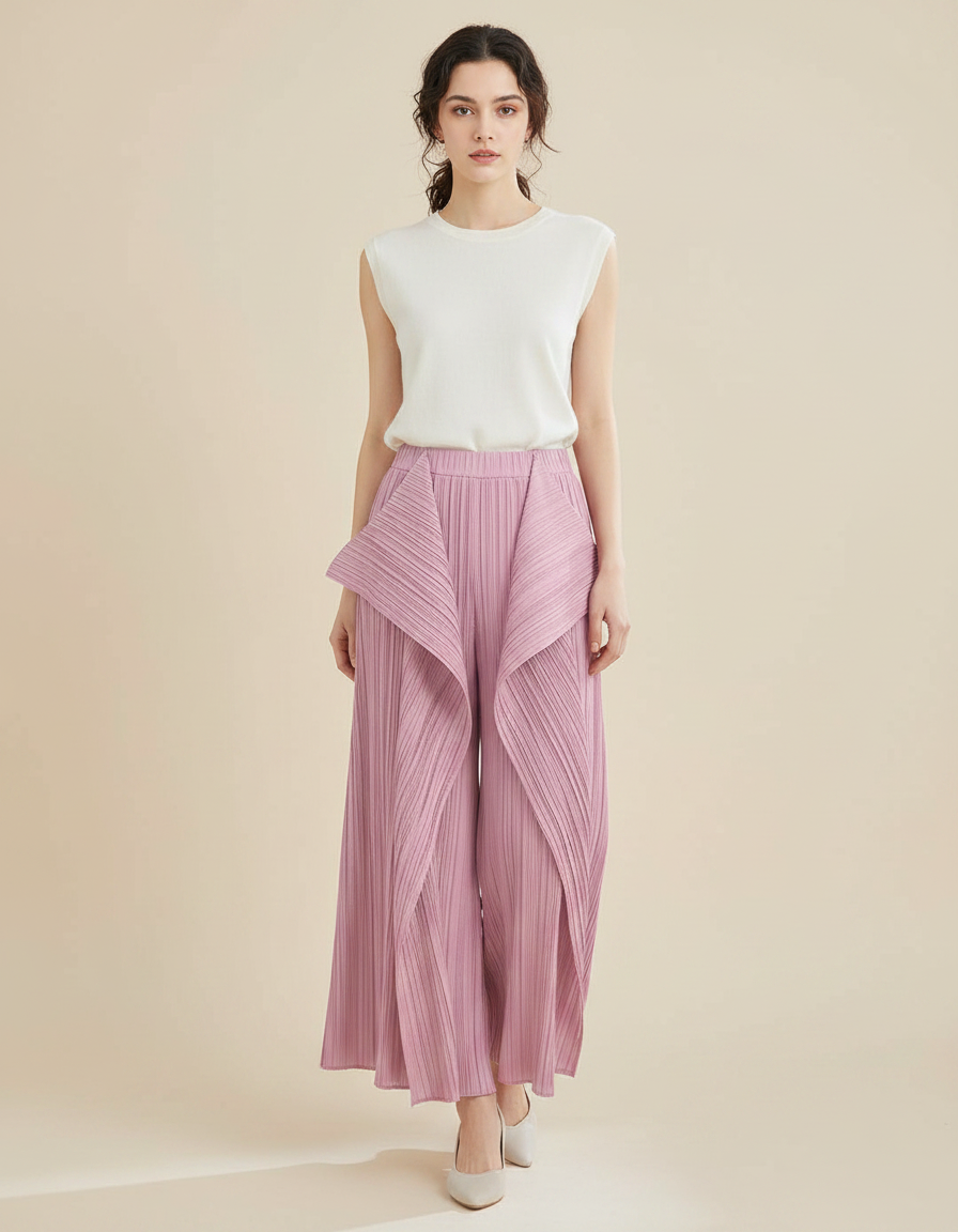 Pantalon À Pince Plissé Rose Irrégulier Ample Élégant - Polyester