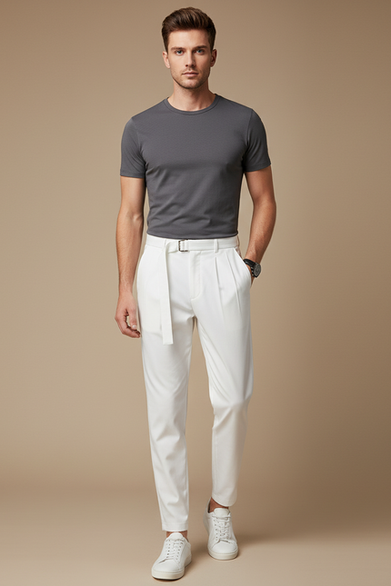 Pantalon À Pince Blanc Plissé Élégant Homme - Polyester