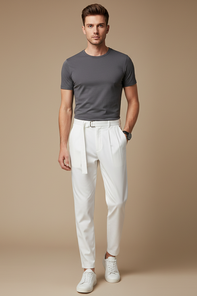 Pantalon À Pince Blanc Plissé Élégant Homme - Polyester