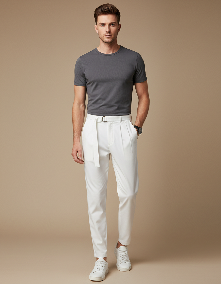 Pantalon À Pince Blanc Plissé Élégant Homme - Polyester