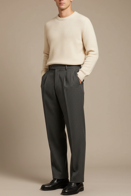 Pantalon À Pince Gris Plissé Droit Laine Élégant Homme