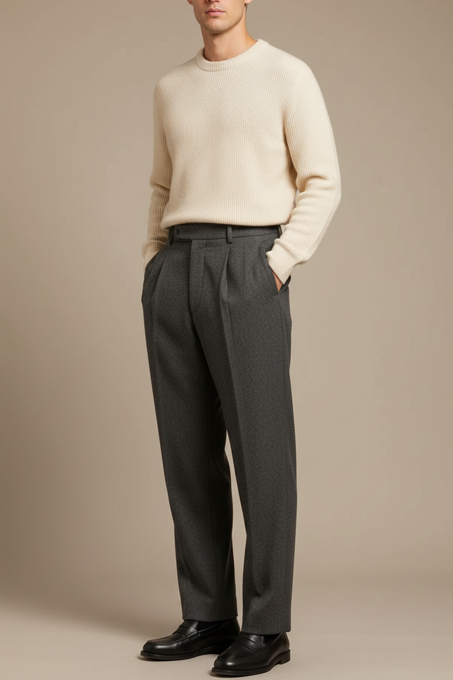 Pantalon À Pince Gris Plissé Droit Laine Élégant Homme