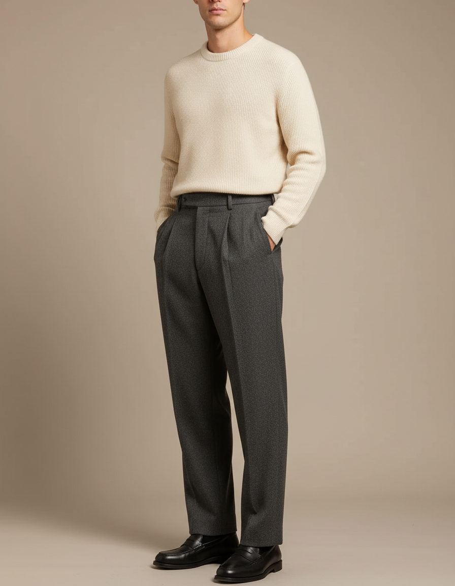 Pantalon À Pince Gris Plissé Droit Laine Élégant Homme